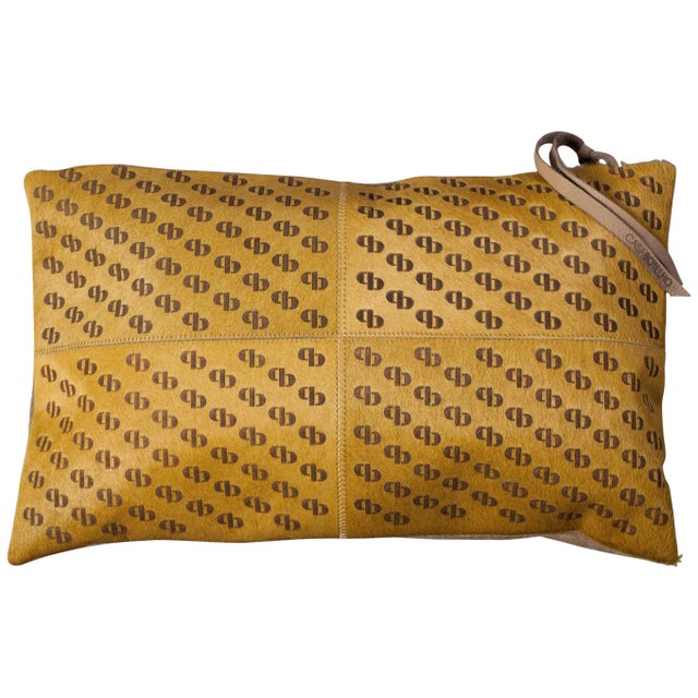 Mustard Patterned Cowhide Cushion with Suedette Back & Leather Zip Tassels by Casa Botelho For Sale - Image 10 of 10