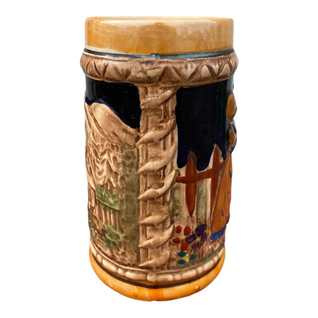 1990s Set of 2 Vintage German Beer Steins - Hand-Painted Ceramic Mugs -Rustic Folk Art For Sale - Image 10 of 13