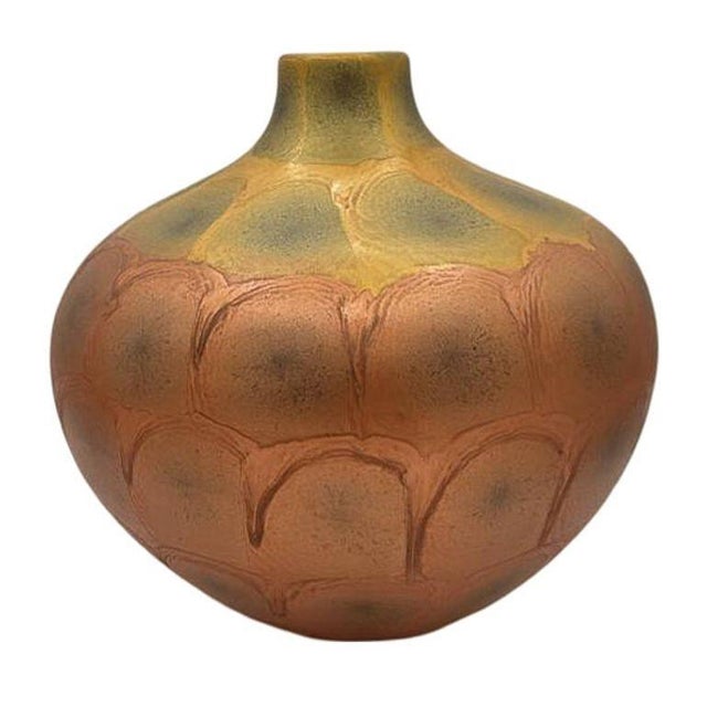 1970s 1970s Art Nouveau Weller Style Iridescent Amber & Gold Raku Fired Vase, Pair For Sale - Image 5 of 14