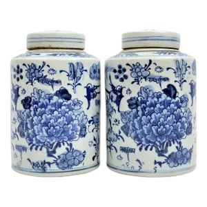 Contemporary Chinoiseries Blue & White Botanical Tea Jars - a Pair