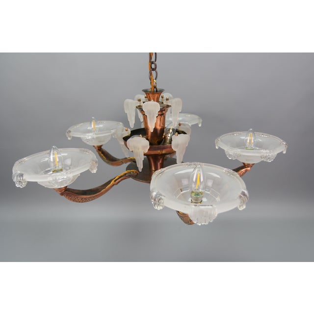 Art Deco French Frosted Glass, Brass, and Copper Chandelier, 1930s For Sale - Image 11 of 18