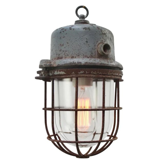 Industrial Vintage Industrial Grey Metal & Clear Glass Pendant Light For Sale - Image 3 of 7