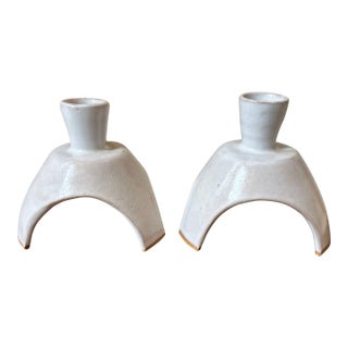 Vintage Handcrafted Signed Atomic Glazed Terracotta Candleholders - A Pair For Sale