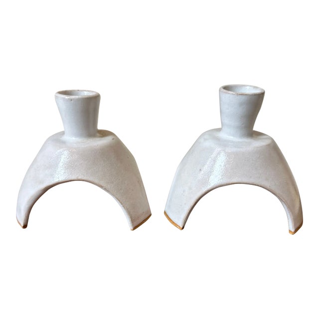 Vintage Handcrafted Signed Atomic Glazed Terracotta Candleholders - A Pair For Sale