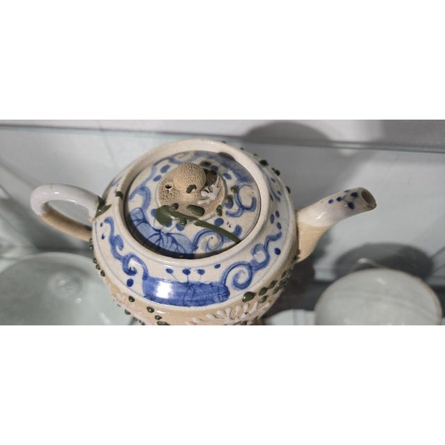 Japanese Antique 20th Century Japanese Moriage Sharkskin Samehada Glaze Teapot Meiji Taisho Era For Sale - Image 3 of 6