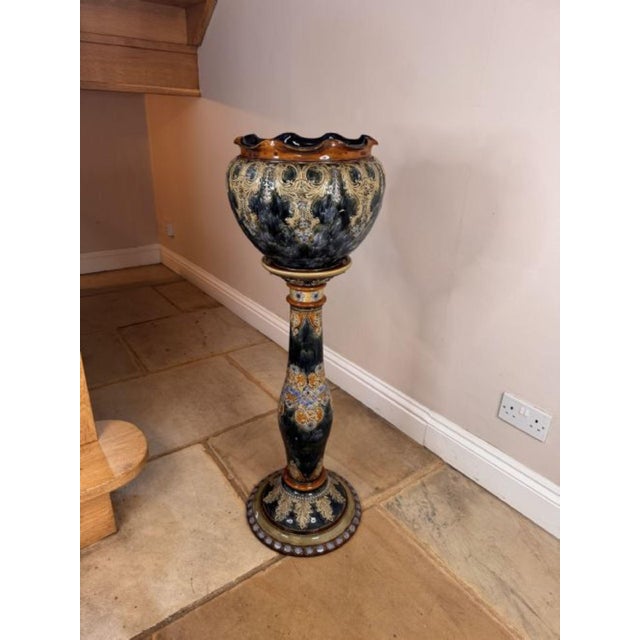 Superb quality Art Nouveau Royal Doulton jardiniere and a stand having a superb quality Royal Doulton jardiniere on the...