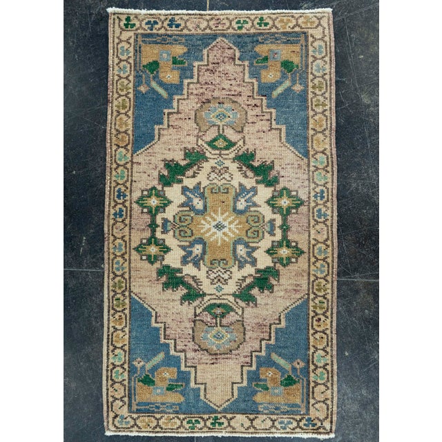 Blue Turkish Mini Rug Oriental Hand Knotted Vintage Rug 1'8" x 3' #20740 For Sale - Image 8 of 8