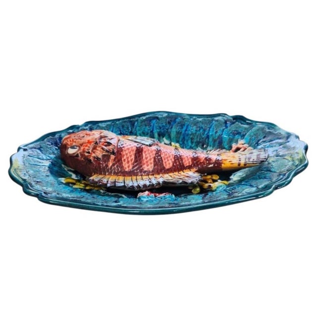 Mid-Century Majolica fish platter Vallauris. Large fish in the center, seaweeds, shells. Nautical style. 14' W , 9.8' H