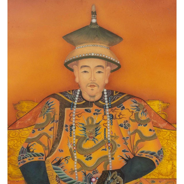 Red Pair of Chinese Ancestor Portraits Reverse Glass Paintings For Sale - Image 8 of 12