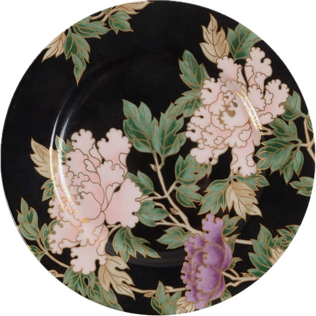 Fitz & Floyd Cloisonné Peony / Ff 75, Black - Retired Collection of 4 Settings: Dinner Plates , Accent Plates and Flat...