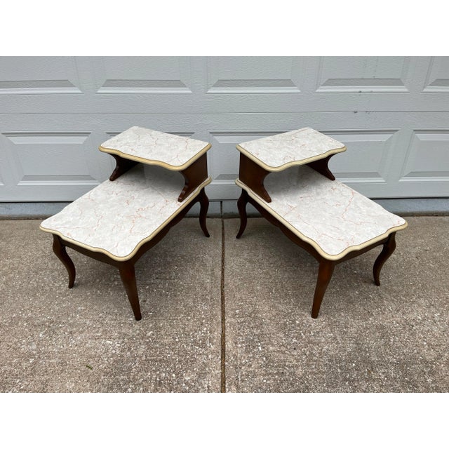 Wood Mid Century Modern Walnut and Faux Marble Two-Tiered Side End Tables- Set of 2 For Sale - Image 7 of 12