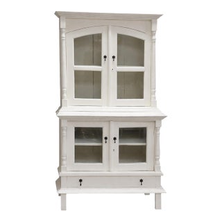 Vintage White Painted Hutch Cabinet With Glass Doors For Sale