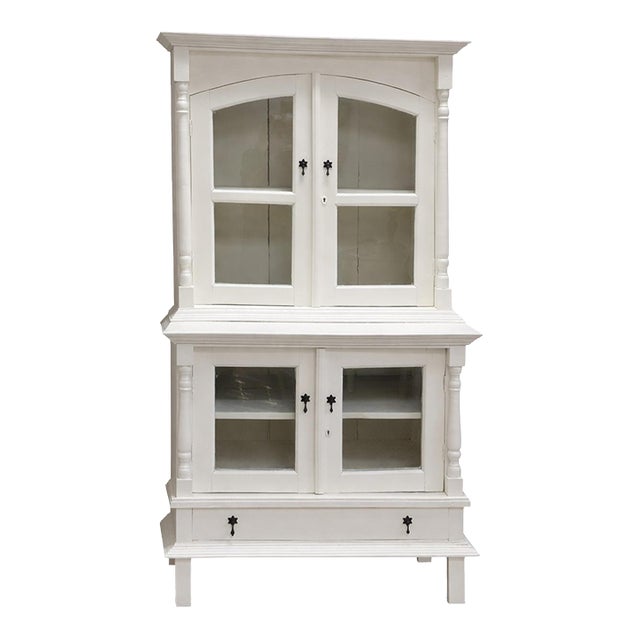 Vintage White Painted Hutch Cabinet With Glass Doors For Sale