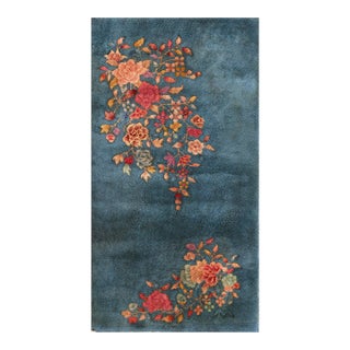 Beautiful Ink Blue Color With Lovely Floral Design Antique Chinese Art Deco Rug For Sale