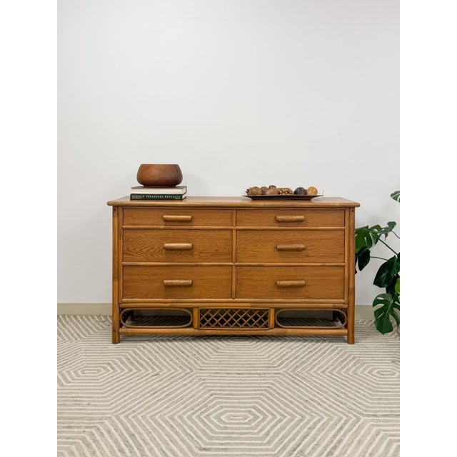 Vintage Petite Rattan 6-Drawer Dresser With Lattice Sides Coastal Boho MCM For Sale - Image 9 of 13