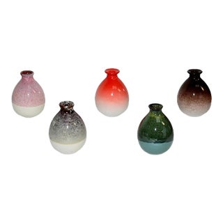 Japanese Jian Ceramic Vases 5 Wine Bottles Hand Painted Wabi Sabi For Sale