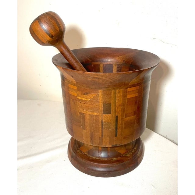 Share Huge Rare Antique Hand Made Turned Carved Wood Marquetry Mortar and Pestle Large For Sale - Image 9 of 12
