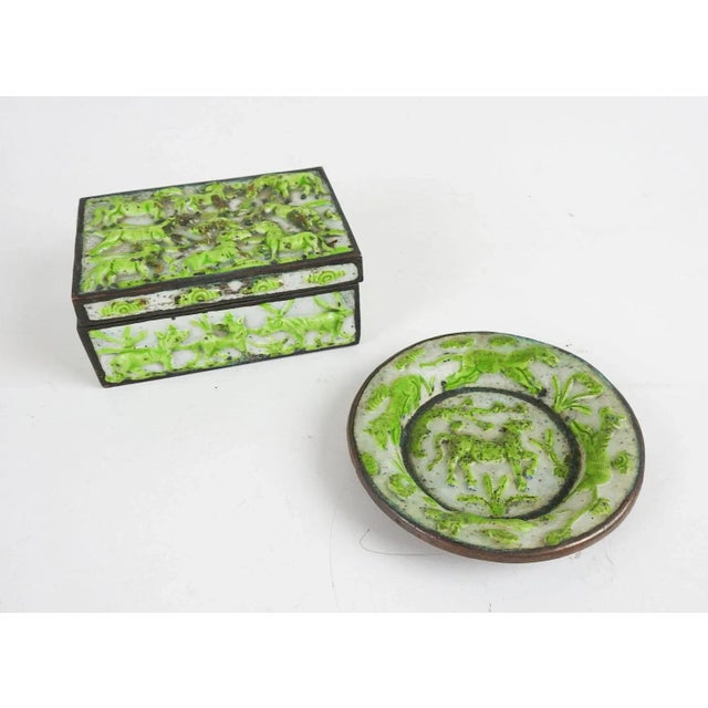 Vintage Lime Green Chinese Repousse Horses Enamel Box and Dish For Sale - Image 11 of 11