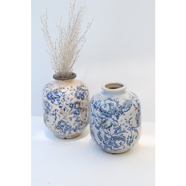Blue Vintage Inspired Blue and White Floral Pottery Vase For Sale - Image 8 of 8