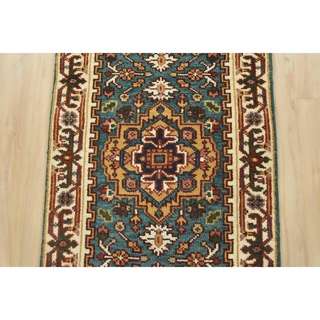 Heriz Runner 2’6” X 7’9” Blue Wool Tribal Hand-Knotted Oriental Rug For Sale - Image 4 of 12