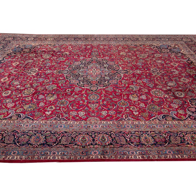 19th Century Antique Mohtasham Kashan Handmade Botanical Medallion Red Wool Rug For Sale In New York - Image 6 of 10