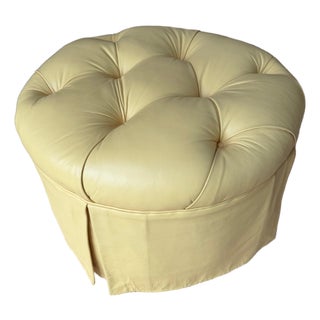 Custom Butter Yellow Tufted Leather Ottoman, Footstool For Sale