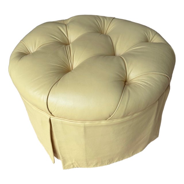 Custom Butter Yellow Tufted Leather Ottoman, Footstool For Sale