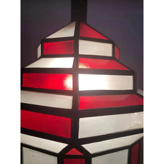 Glass 1990s Art Deco-Style White Milk & Red Glass & Bronze Chandelier, Pendant or Lantern For Sale - Image 7 of 18