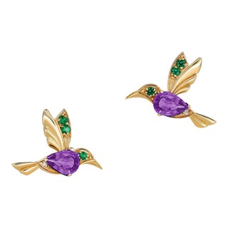 14k Gold Hummingbird Earrings Studs With Amethysts, A Pair For Sale