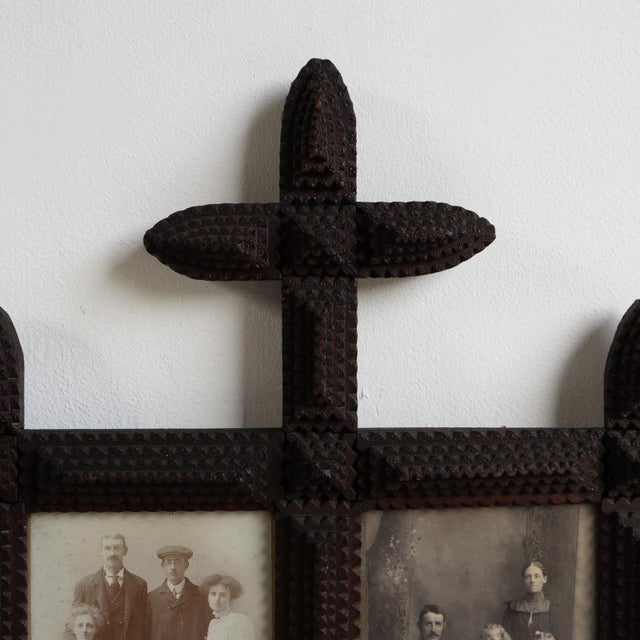 Antique Tramp Art Double Picture Frame With Original Portrait Photographs, C. 1890s For Sale - Image 4 of 11