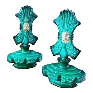 Art Deco Malachite Glass Perfume Bottles Pair For Sale