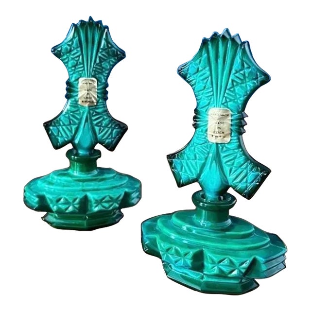 Art Deco Malachite Glass Perfume Bottles Pair For Sale