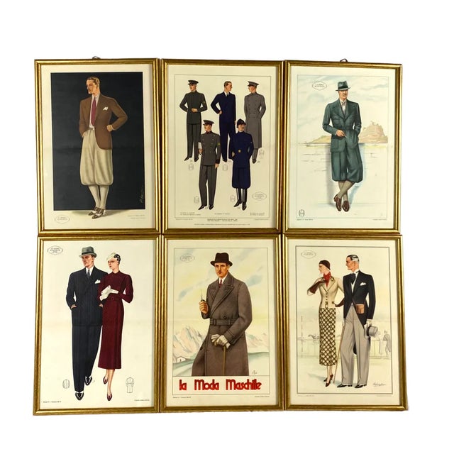 Set of 6 framed original illustrations of men's fashion from the 30s from the magazine “La Moda Maschile”, Italy 1933 1934...