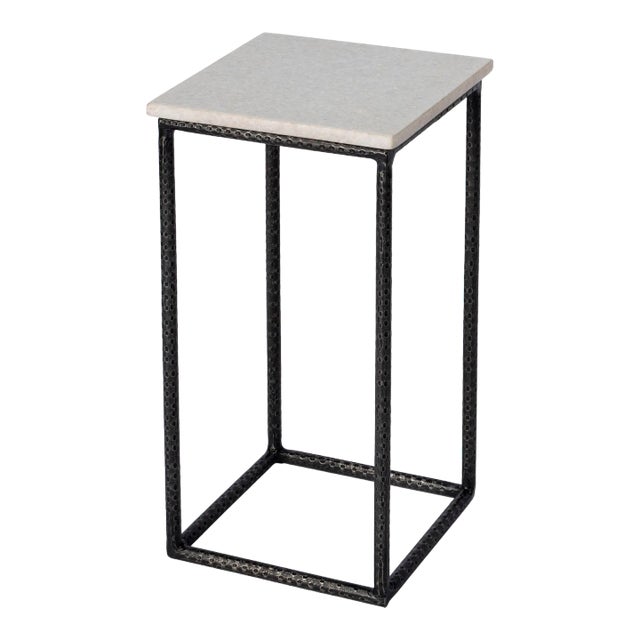 Mabel Marble & Hammered Iron Accent Table, White & Black For Sale
