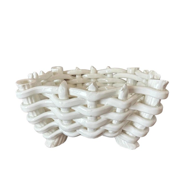 Mid 20th Century Vintage Ceramic Basketweave / Basket Woven Footed Blanc De Chine Style Cachepot / Planter / Bowl / Vide Poche, Made in Spain For Sale - Image 5 of 7