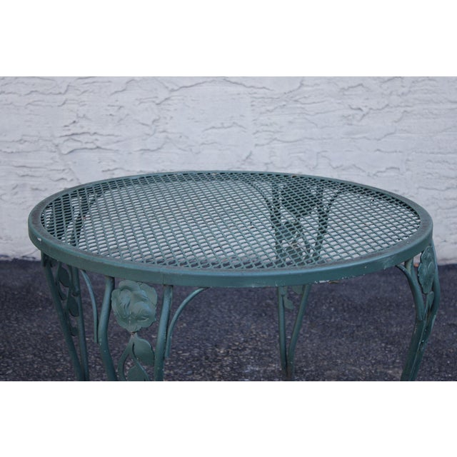 Wrought Iron Outdoor Round Mesh Top Patio Table With Floral Motif For Sale - Image 10 of 17