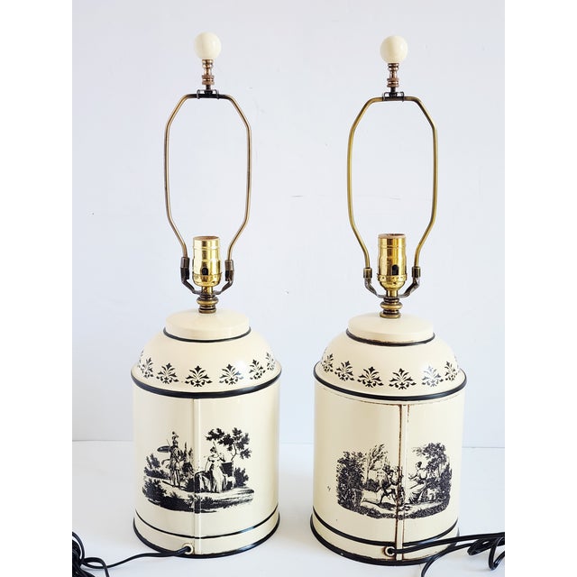 1970s Vintage Tole Painted French Style Tea Caddy Table Lamps-a Pair For Sale - Image 5 of 15
