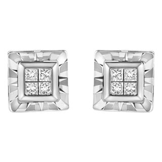.925 Sterling Silver 1/6 Cttw Invisible Set Princess-Cut Diamond Quad Composite Stud Earrings (H-I Color, I1-I2 Clarity) For Sale