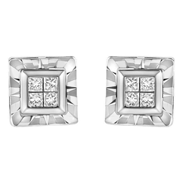 .925 Sterling Silver 1/6 Cttw Invisible Set Princess-Cut Diamond Quad Composite Stud Earrings (H-I Color, I1-I2 Clarity) For Sale