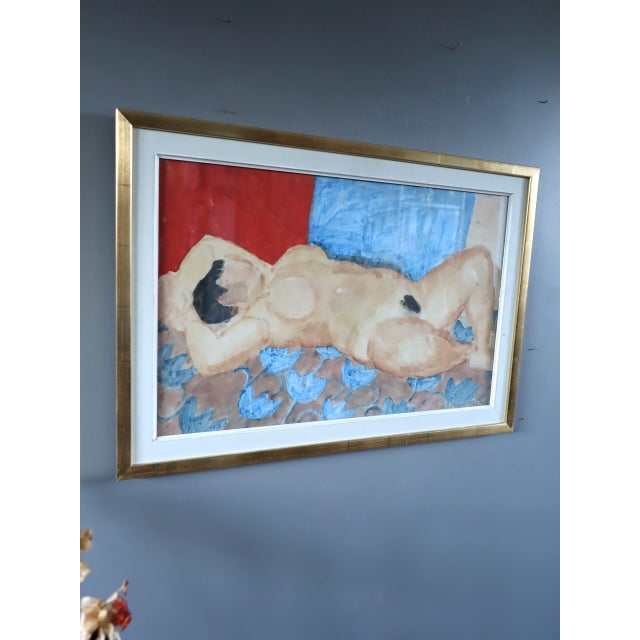 Mid 20th Century Mid-Century Modern 'Reclining Figure on Rug' Original Swedish Figurative Watercolour Painting, Framed For Sale - Image 5 of 12