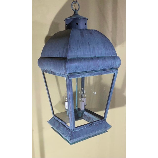 Large Square Vintage Solid Brass Hanging Lantern Chandelier For Sale - Image 4 of 14