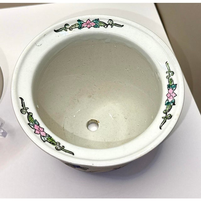 Hand Painted Chinoiserie Porcelain Planter With Lotus Flowers & Cranes For Sale - Image 12 of 12