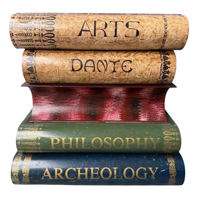 Italian Tole Hand Painted Side Table Resembling Stack of Books For Sale