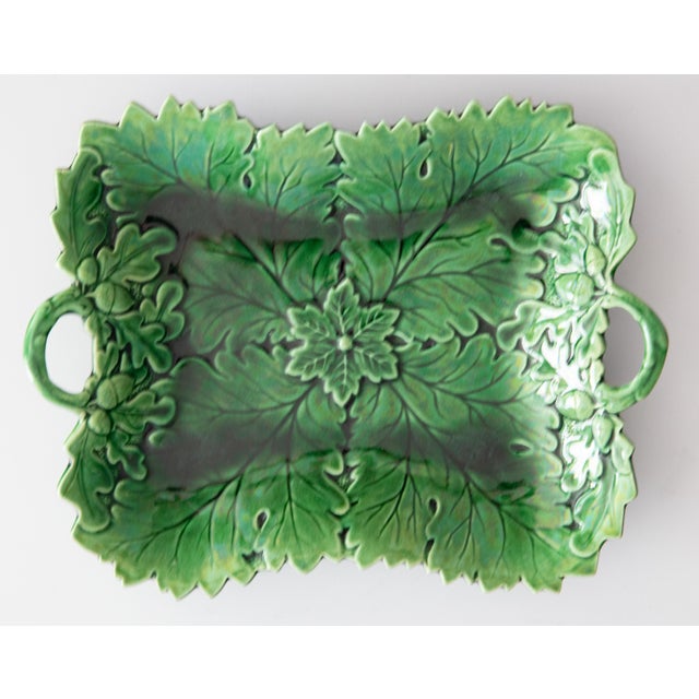 A beautiful antique 19th-Century English green glazed majolica leaf pattern serving platter, tray, or dish. No maker's...
