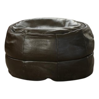 Vintage French Black Leather Pouf with Slouchy Form, 1960s For Sale