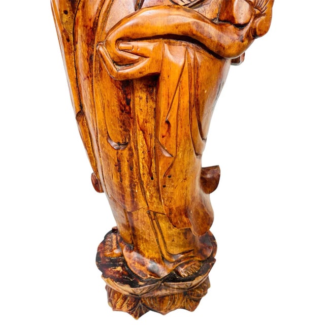 Mid-Century Modern Large Vintage Hand Carved Solid Wood 4.5 Foot Standing Kwan Yin/Guanyin Statue For Sale - Image 3 of 12