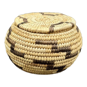 1930s Native American Papago Style Hand Woven Lidded Coil Basket. Tohono O’odham Style