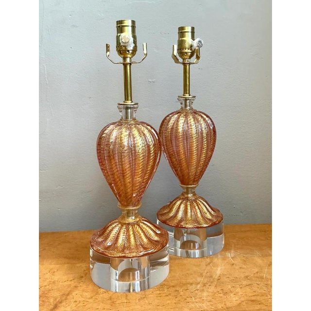 Murano Vintage Murano Glass Lamps With Lucite Bases - Pair For Sale - Image 4 of 12
