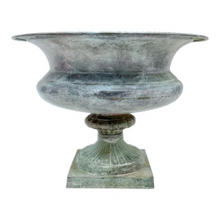 Vintage Verdigris Metal Urn Planter / Cachepot – Neoclassical Garden Style / Traditional / Classical For Sale