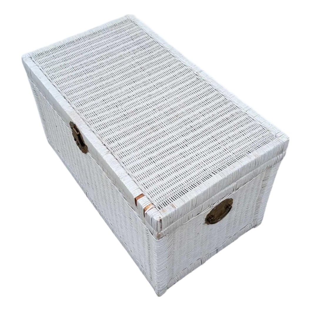 Vintage White Wicker Storage Trunk With Brass Hardware, Coastal, Rattan ...